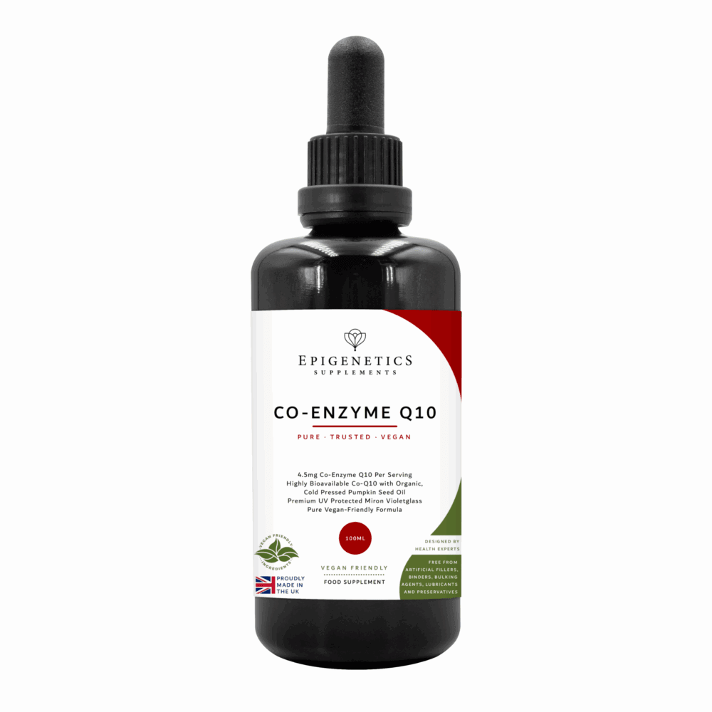 Epigenetics koensüüm Q10 tilgad 100ml – esikülg punase etiketiga pudelis | Centralsun